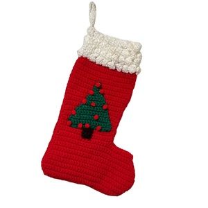Vintage Homemade Crochet Double Sided Christmas Stocking Snowman Christmas Tree